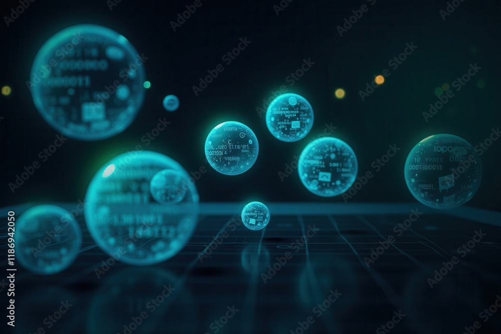 Poster ethereal digital bubbles hovering in space, representing data and technology in a futuristic environ