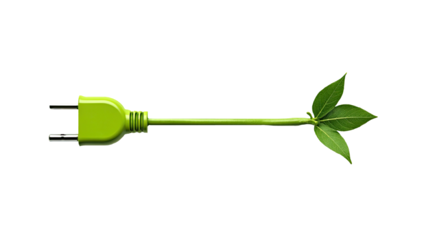 Green Power Plug with Leaf Cable on Transparent Background