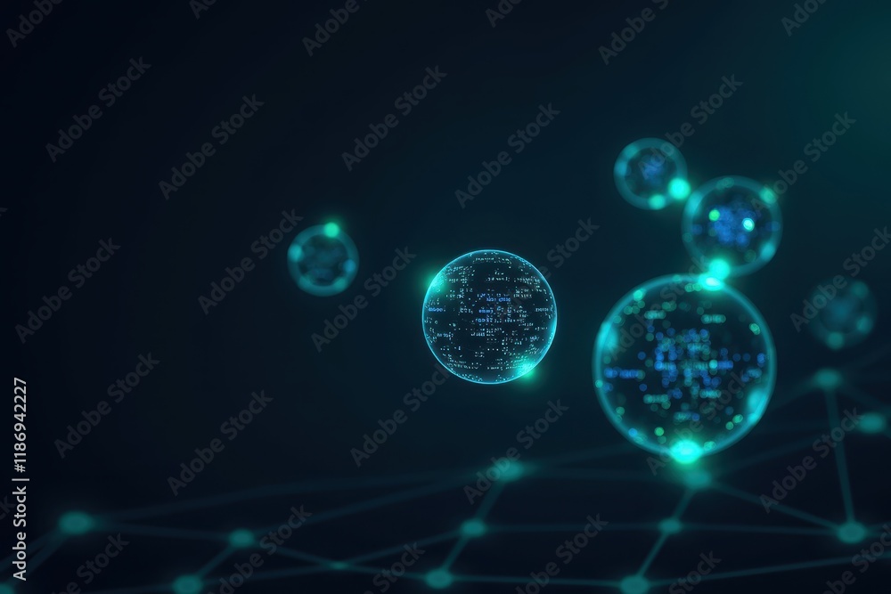 Poster futuristic digital bubbles connected by network lines representing technology, data, and innovation 