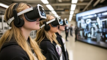 Three engineers are wearing vr headsets and experiencing virtual reality in a modern manufacturing plant, possibly reviewing a digital twin or a 3d model of a product or a production line