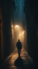 Fototapeta premium silhouette of a mysterious figure in a foggy alley, illuminated by dim streetlights, symbolic of intrigue and suspense, cinematic atmospheric theme