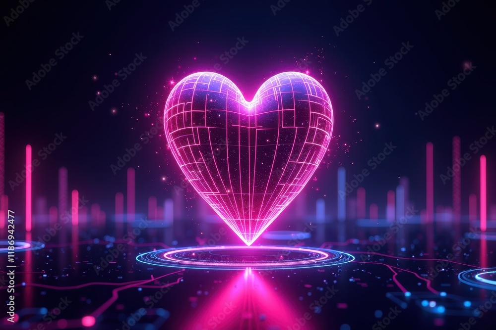 Poster digital glow heart in a futuristic metaverse background representing love and technology with neon l