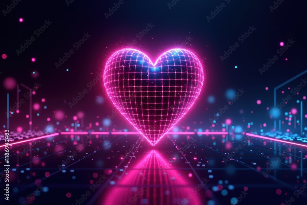 Poster neon heart visualizing connection in the metaverse with glowing elements and a futuristic background