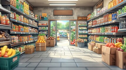 Fototapeta premium Sunny interior view of a well-stocked grocery store.