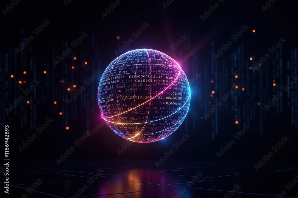 Poster futuristic digital sphere with neon lights and binary code, symbolizing advanced technology and inno