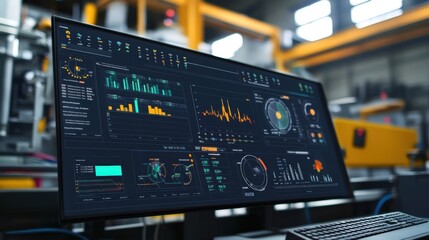 Modern computer screen displaying real time data, charts, and kpis for monitoring and controlling a manufacturing production line, optimizing workflow and operations