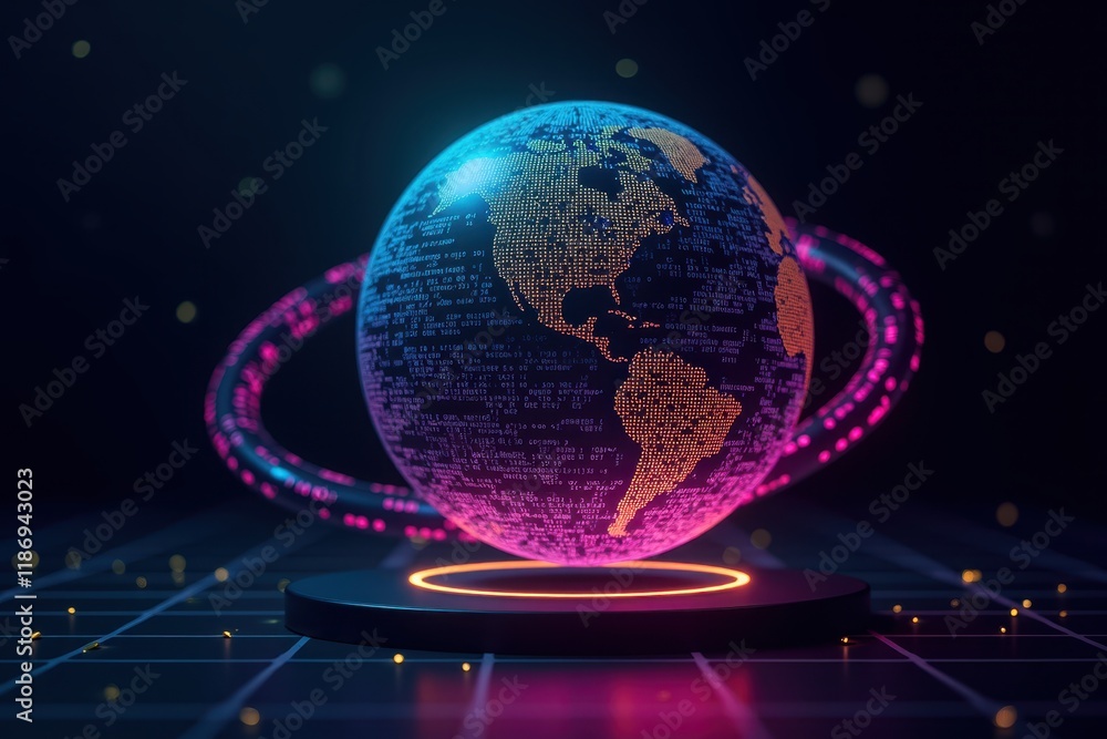 Poster futuristic digital sphere representing earth with geometric patterns and neon light effects in a dar