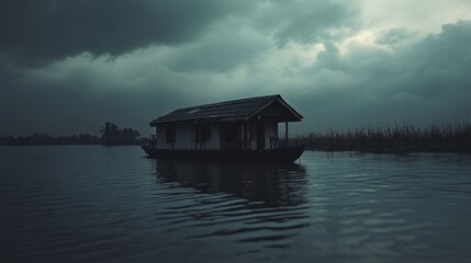 Obraz premium Serene Houseboat on a Cloudy Day