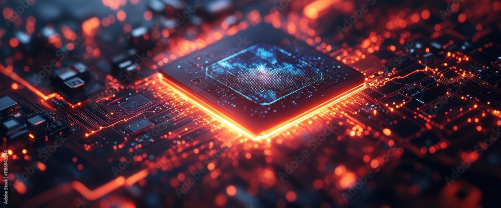 Poster close-up of a glowing cpu on a circuit board.