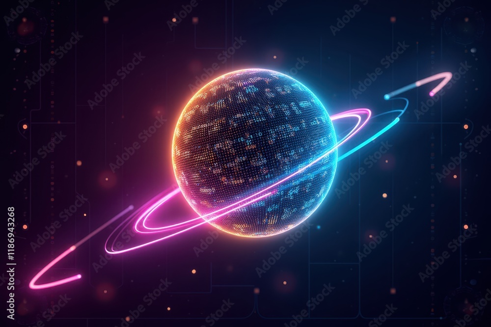 Poster a futuristic abstract sphere with digital patterns and orbiting rings in neon colors, representing t