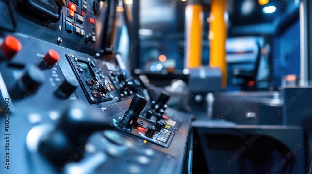Poster close up view of a sophisticated control panel featuring an array of levers, buttons, and digital di