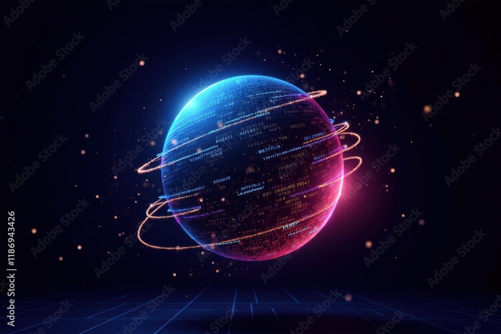 Poster abstract futuristic sphere with digital patterns and orbiting lines representing data, technology, a
