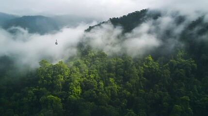 Cable Car Ascending Misty Mountain Forest
