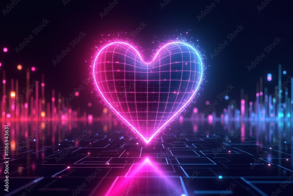 Poster vibrant and glowing heart in a futuristic metaverse setting with neon colors and digital grid patter