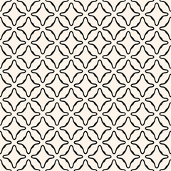 Simple abstract seamless pattern. Vector geometric texture with repeat elements, curved shapes, smooth flower silhouettes, diamonds. Black and white minimal background. Monochrome design for decor