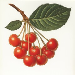 ripe red cherries composition with long brown stems and a single bright green leaf, isolated