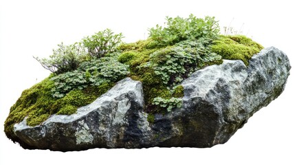 Mossy rock with plants, isolated, nature, background, design
