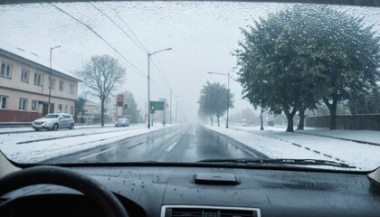 View from the car windscreen during rain and wet snow. Poor visibility while driving around the city