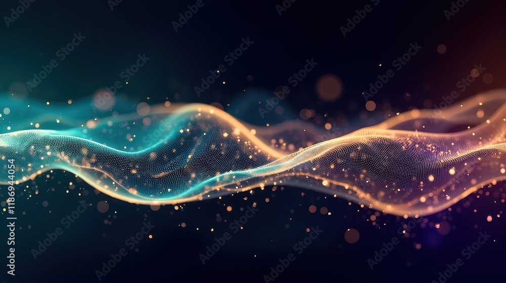 Poster abstract representation of light waves with fluid motions and glowing particles in a dark background
