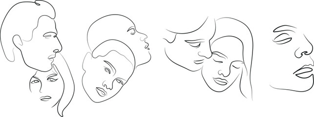 line art set of various people in love in various poses and shapes drawn with several lines, for various logos or designs