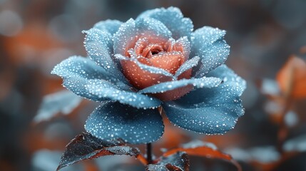 Dew-kissed blue and orange rose.