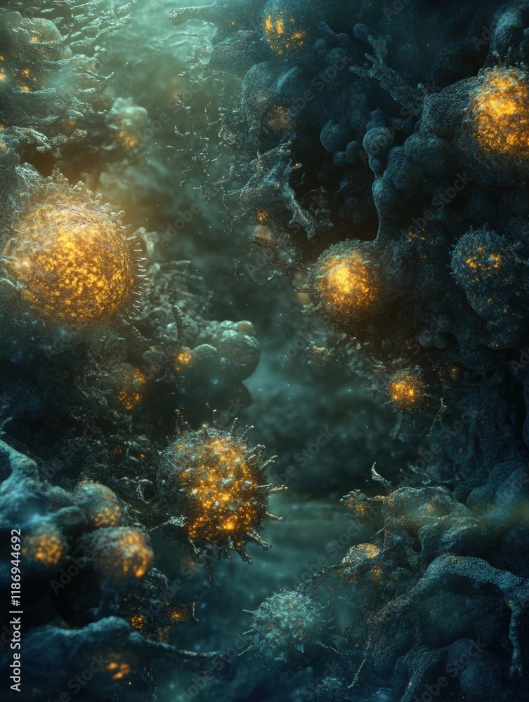 Leinwandbilder glowing edges of cancer cells reveal intricate interactions within biological structures. generative