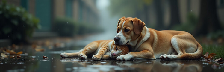 A Lonely Cat And Dog Are Lying Together Outside During The Rain, A Heartwarming Scene Generated By Artificial Intelligence Models. 00002