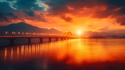 Obraz premium Illuminated Bridge at Sunset Over Mountains and Water