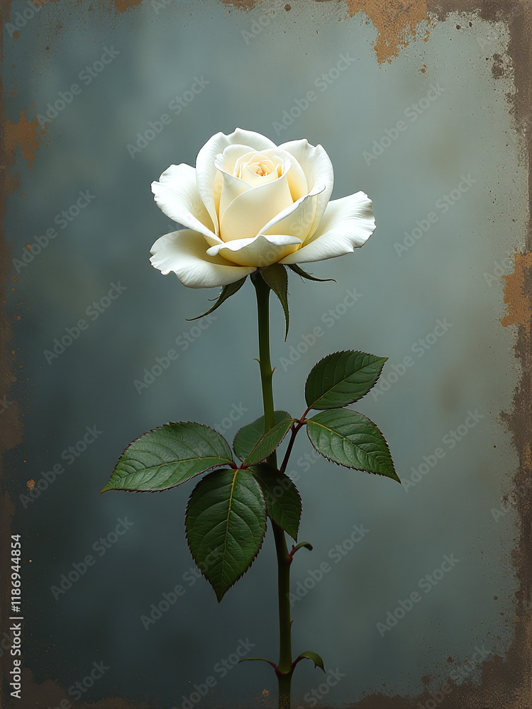 Poster a lone white rose blooms amidst a grungy textured backdrop with plenty of empty space around it. 000