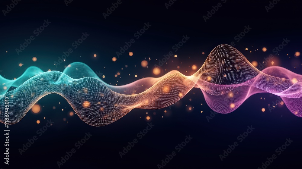 Poster Abstract Representation of Light Waves with Colorful Patterns and Glowing Particles in a Dark Background for Visual Impact and Artistic Applications