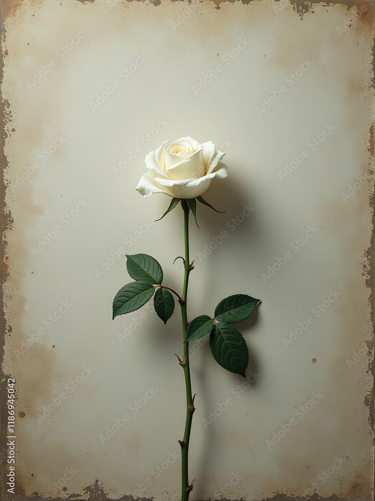 Aufkleber a lone white rose blooms amidst a grungy textured backdrop with plenty of empty space around it. 000