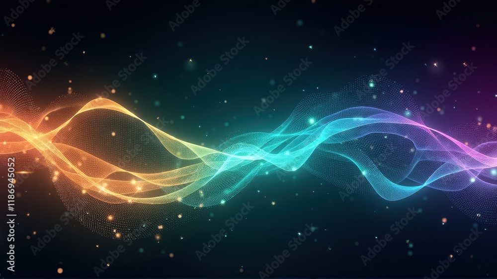 Poster abstract visualization of light waves and vibrant colors on a dark background for artistic and conce