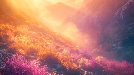 Sunrise illuminates colorful mountainside flora, mist-shrouded peaks; idyllic travel poster