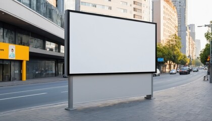 Blank billboard on a street in an urban setting with a clear sky