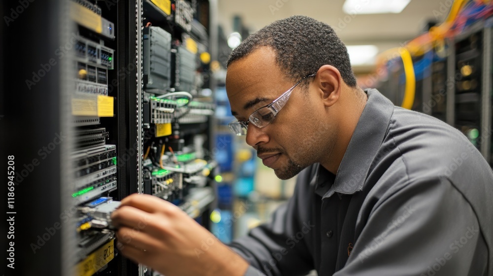 Poster it technician wearing safety glasses is installing hardware in a server rack in a data center, focus