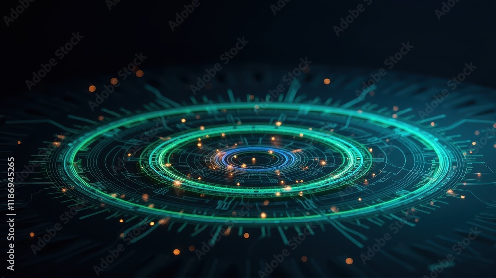 Poster abstract digital visualization of energy circles and rings with illuminating particles in a futurist