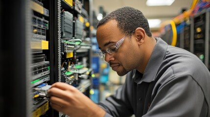 It technician wearing safety glasses is installing hardware in a server rack in a data center, focused on his work and ensuring the smooth operation of network infrastructure