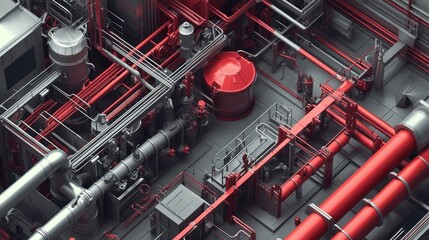 Industrial Pipeline Network: Red and Gray