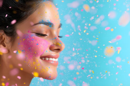 Close-up of a woman face smeared with vibrant Holi colors like pink, blue, and yellow, layout with copy space