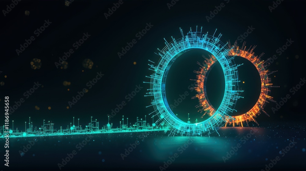 Poster abstract visualization of energy flow with bright rings representing dynamic power and motion in a d