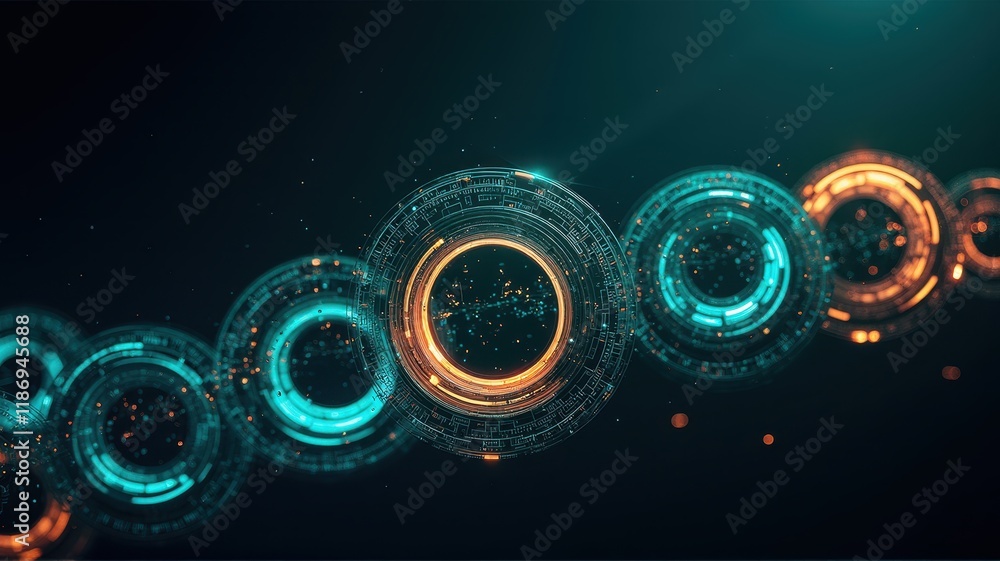 Aufkleber futuristic energy rings with glowing effects and digital patterns in a dark background, perfect for 