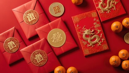 Close up of elegant red envelope on red background. Chinese new year