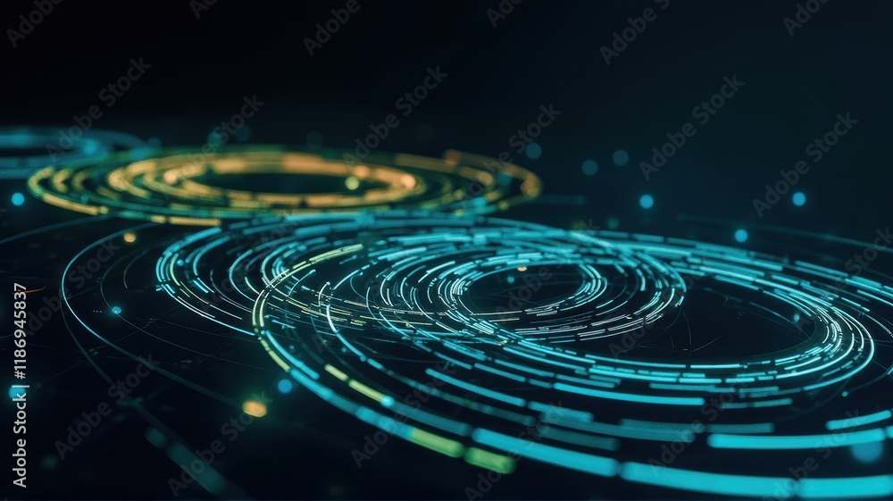 Poster abstract visualization of energy flow with dynamic circular rings and light particles in a dark back