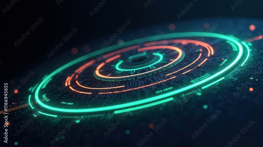 Poster abstract energy concept with colorful rings and futuristic circuit patterns for digital backgrounds 