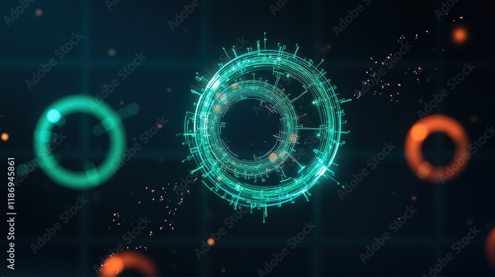 Poster abstract energy visualization with circular patterns and glowing effects representing digital techno