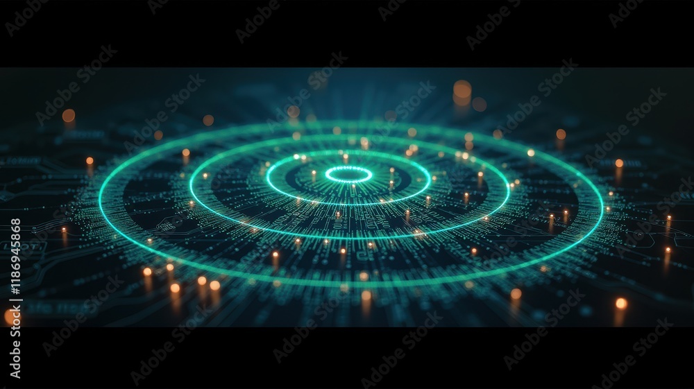 Poster abstract background featuring glowing energy rings and circles with data and light particles in a fu