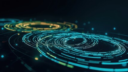 Fototapeta premium Abstract Visualization of Energy Flow with Dynamic Circular Rings and Light Particles in a Dark Background, Representing Technology and Innovation Concepts