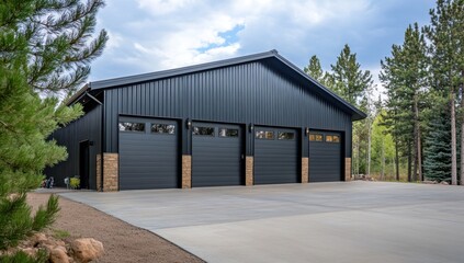 Modern Black Metal Garage with Four Doors and Stone Accents