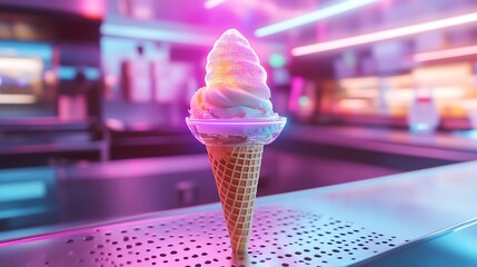 Naklejka premium A futuristic ice cream cone with glowing patterns displayed on a high-tech counter 
