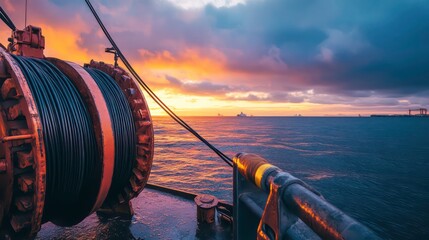 Massive Undersea Cable Coiled on Metal Reel at Port during Cloudy Sunset, Showcasing Marine Technology and Expansion of Global Connectivity